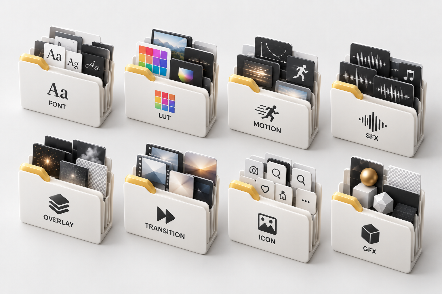 Kategori Asset: Font, LUT, Motion, SFX, Overlay, Transition, Icon, GFX
